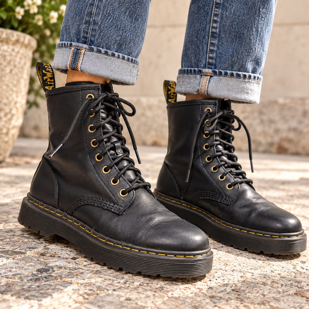 Dr Martens Zavala Black Leather 8 Eye Combat Boots Women 9 Men 8